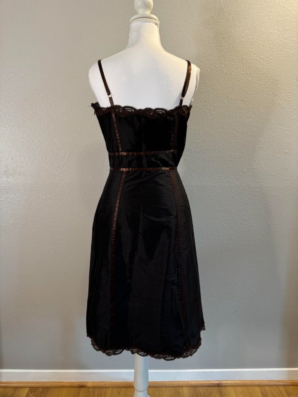 Vintage Betsey Johnson 1990s Brown Lace & Brown Trim Corset Slip Dress | Sz 6 - Picture 2 of 7